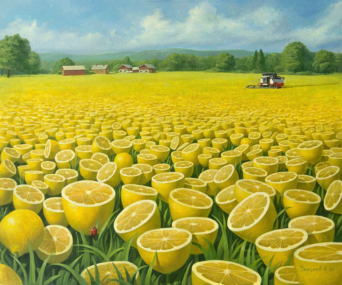 Боевые поля с фруктами. Лимонные картины Виталия Уржумова.