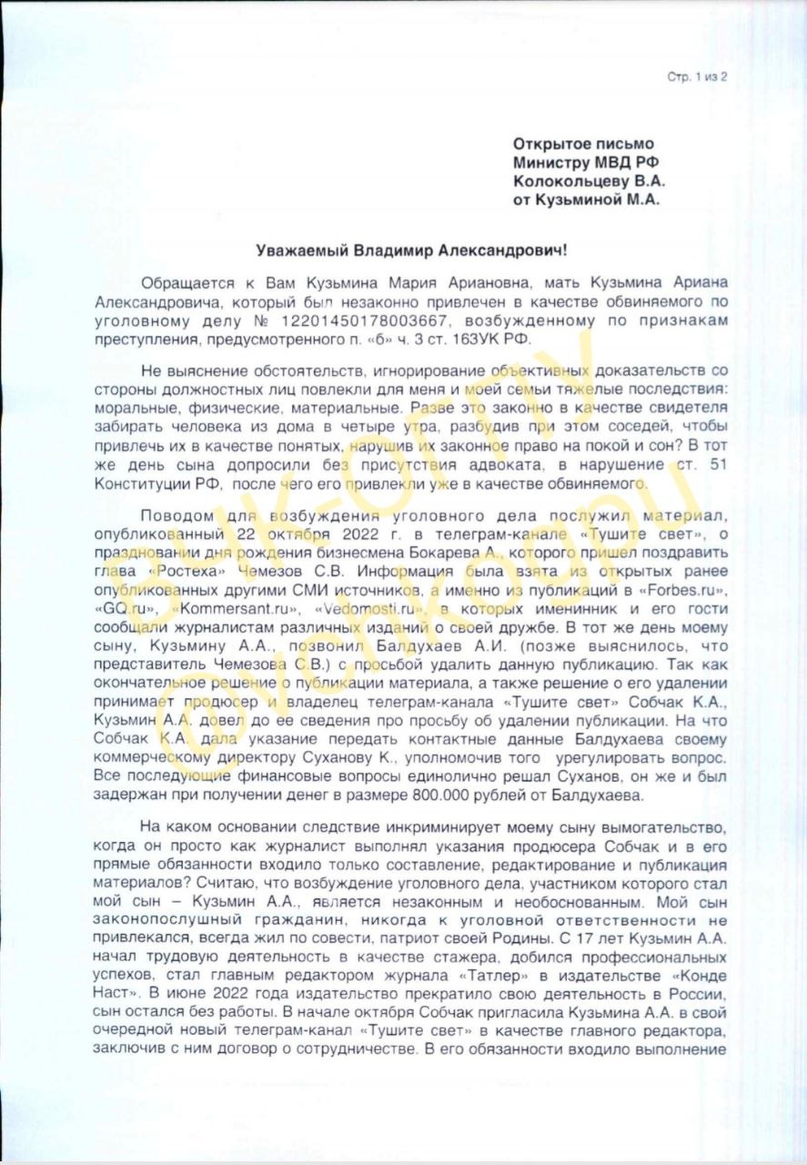 Мама бывшего главного редактора журнала &laquo;Татлер&raquo;, а потом редактора программы и канала &laquo;Тушите свет&raquo; Ариана Романовского (Кузьмина) обратилась к главе МВД РФ Владимиру Колокольцеву