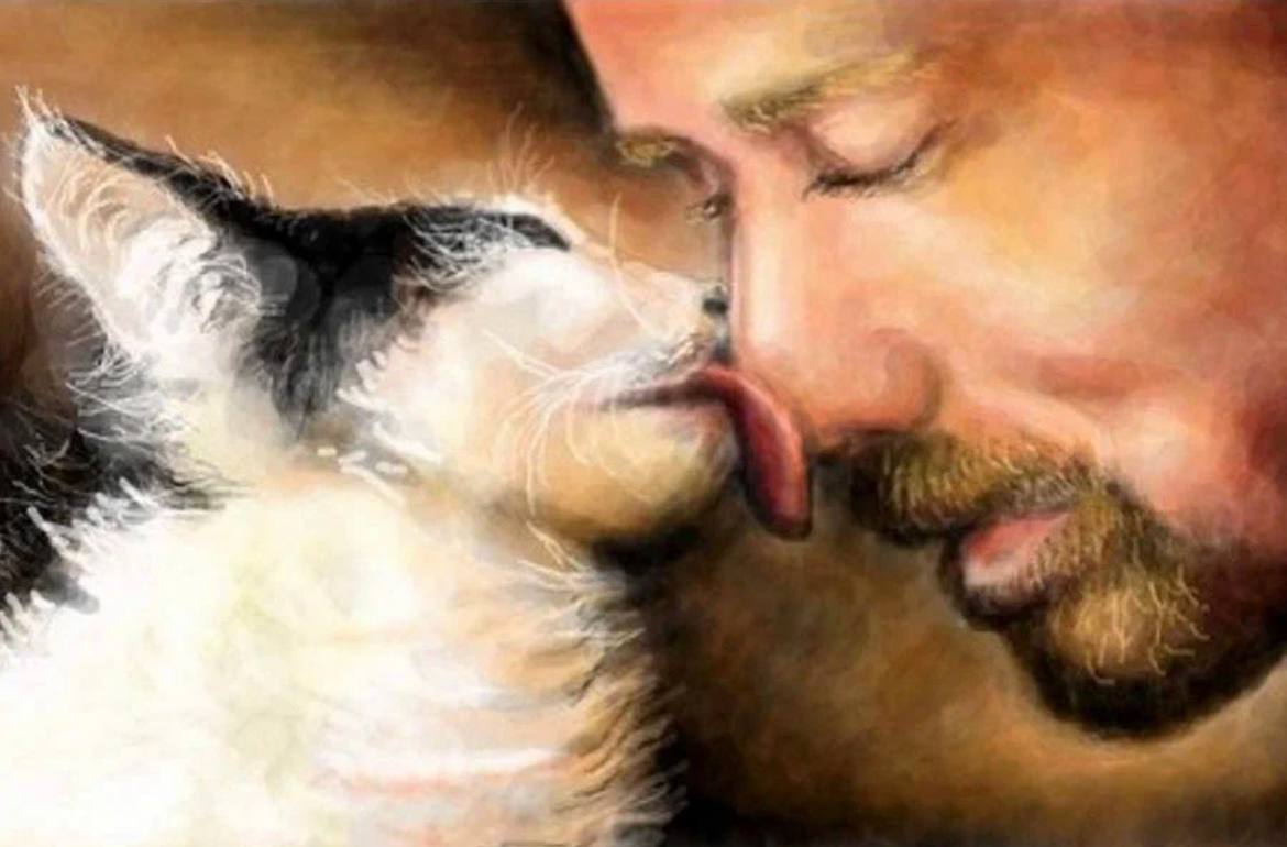 Husband dog wife. Парень с кошкой. Женщина кошка мужчина. Разговор человека и кота живопись. Мужчина обнимает котика.